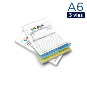 Blocos e Talões 10x14 cm Papel autocopiativo 56g 10x14 cm  3 vias (branca + azul + amarela) Colado, grampeado e picotado no topo, 